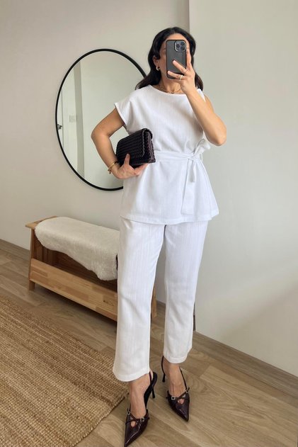 White Off-The-Shoulder Linen Blouse Set