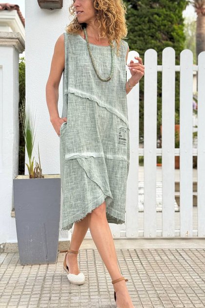 Italian Khaki Washed Dirty Stitched Asymmetrical Cotton Loose Woven Dress 100 60