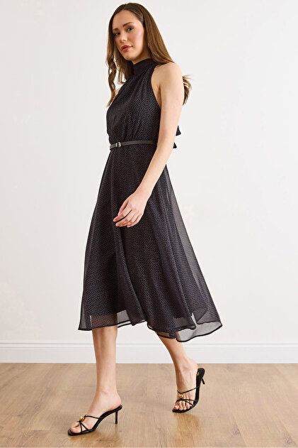 Women's Black Halter Neck Polka Dot Belted Lined Chiffon Dress Elb-19002642