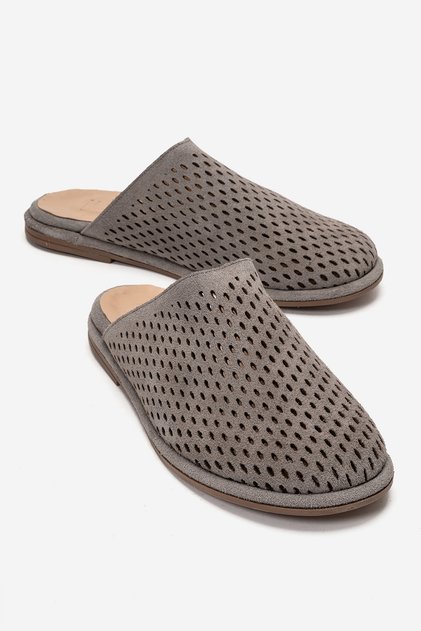 Melara Gray Suede Genuine Leather Perforated Closed-Front Women's Slippers