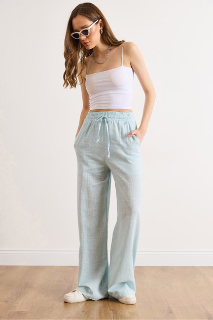 Women's Baby Blue Pocketed Lined Elastic Waist Linen Content Wide Leg Pants Pnt-19000345