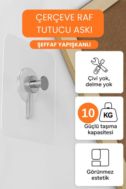 1 Adet Güçlü Yapışkanlı Raf Çerçeve Tutucu Askı - Şeffaf Yapışkanlı Askı