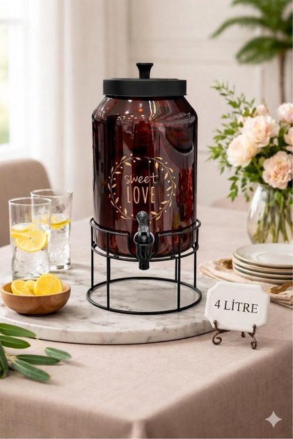 Amber Renk 4 Litre Cam Sebil Şerbetlik Yağdanlık Sızdırmaz Musluk Ferforje Stand Vakumlu Metal Kapak