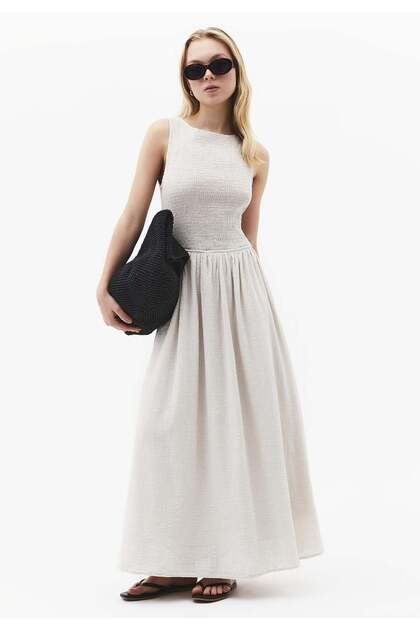 Long Boat Neck Smocked Sleeveless Dress - ALMOND MILK