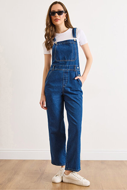 Olalook Kadın Lacivert Kanguru Cepli Denim Salopet SLP-19000042