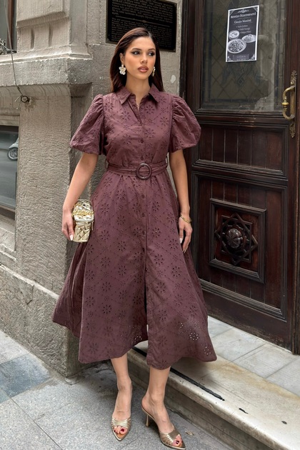 BEJNA Women's Brown Balloon Sleeve Belted Lined Brode Woven Dress- Trendyol