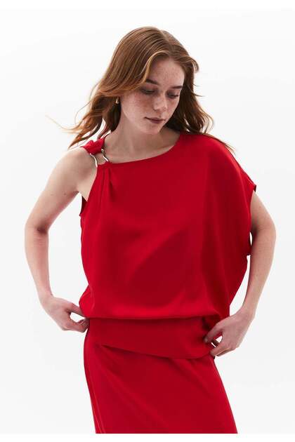 Boat Neck Short Sleeve Asymmetric Blouse - RACING RED