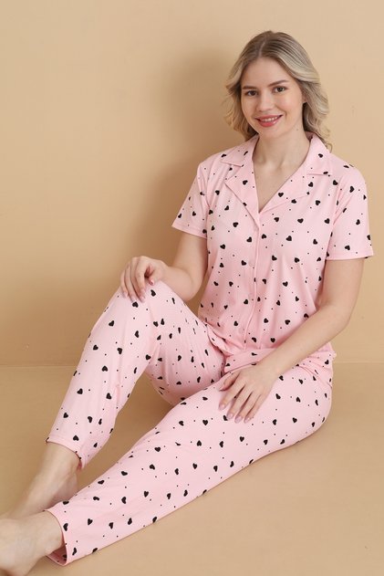 Mrn 9514 Heart Pink Pegasus Fabric Buttoned Short Sleeve Women's Pajama Set