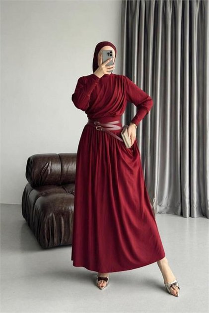 Women's Red Draped Belt Detailed Sandy Fabric Premium Hijab Dress Nms090