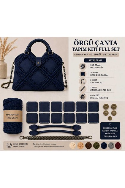 Örgü Çanta Yapım Kiti Full Set Makrome İpli Deri Parçalı Kendin Yap Çanta Seti