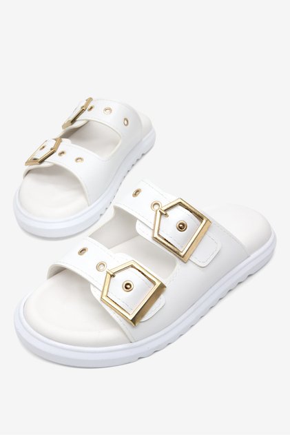 Women's White Comfortable Fit Double-Strapped Buckle Detailed Slippers