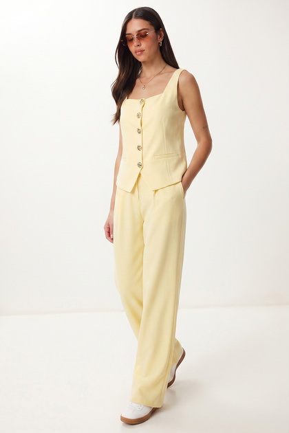 Gold Buttoned Woven Vest-Pants Set Laz0004 Yellow