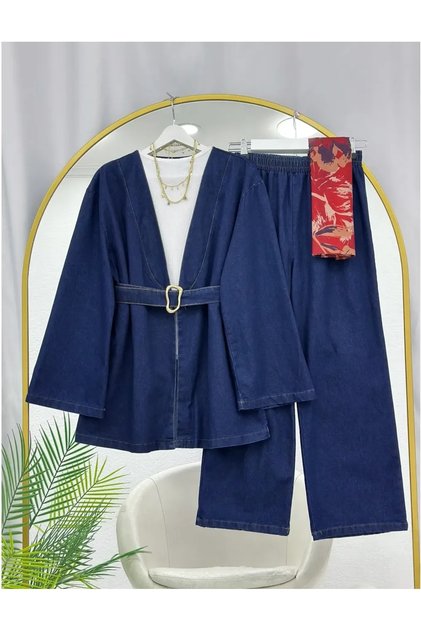 Women's Belt Detailed Kimono Trouser Jeans Set -0750 (Laci̇)