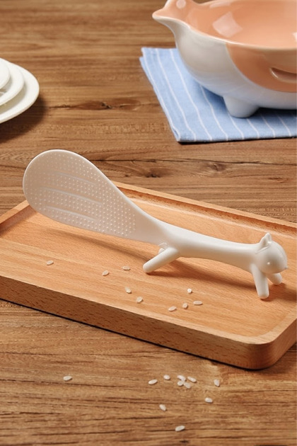 Plastic Rice Spoon with Squirrel Figure and Stand, White