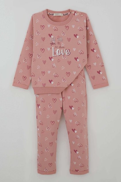 Baby Girl Tracksuit Set with Heart Pattern, 9 Months-3 Years, Dried Rose