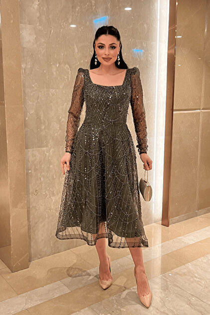 giyimmasal Full Beaded Square Neck Midi Dress - Khaki Green- Trendyol
