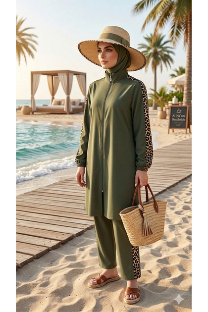 Leopard Patterned Boned Gift-Wrapped Drawstring Waist Hijab Swimsuit Set