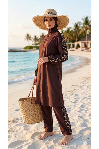 Leopard Patterned Boned Gift-Wrapped Drawstring Waist Hijab Swimsuit Set