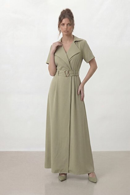 VAGGON Double-Breasted Collar Gold Belt Detailed Short Sleeve Long Dress- Trendyol VAGGON Double-Breasted Collar Gold Belt Detailed Short Sleeve Long Dress- Trendyol