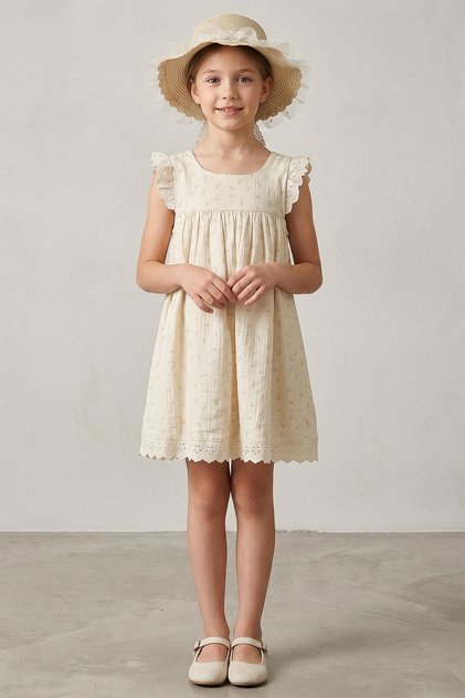 Floral Patterned Straw Hat and Linen Dress for Girls - 26Y 7285