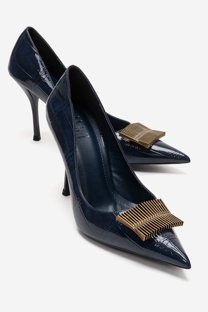 Dexen Navy Blue Print Metal Buckle Women's Thin Heeled Shoes