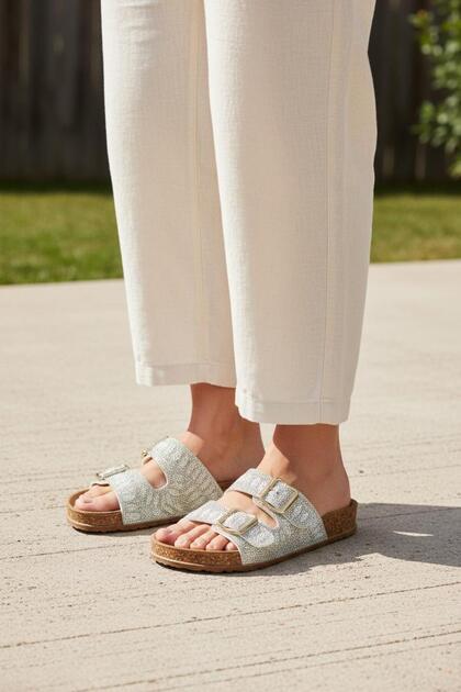 Stoned Women's Slippers with Beads, Stylish Daily Use Women's Slippers, Soft Cork Coated Slippers