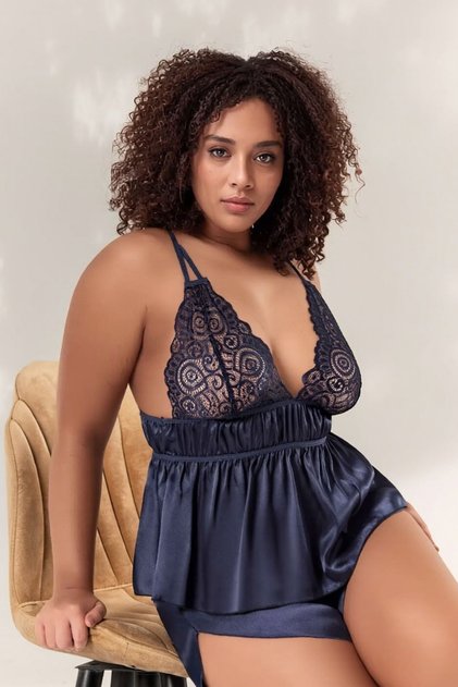 Women's Navy Blue Large Size Lace Satin Shorts Pajama Set
