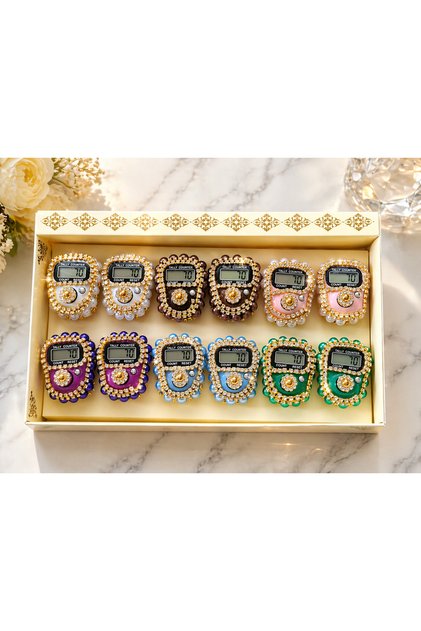 Box of 12 Mixed Color Stone Zikirmatik with Stones, Suitable for Gifts