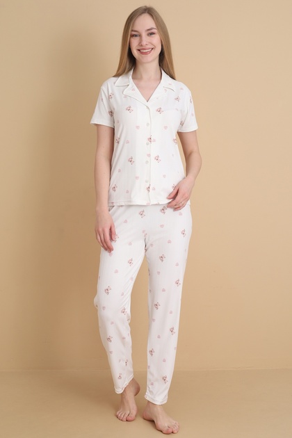 Mrn 9505 Teddy Bear Patterned Pegasus Fabric Buttoned Short Sleeve Women's Pajama Set