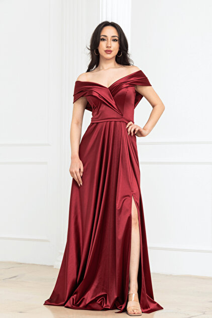 Boat Neck Long Satin Evening Dress - Bordo