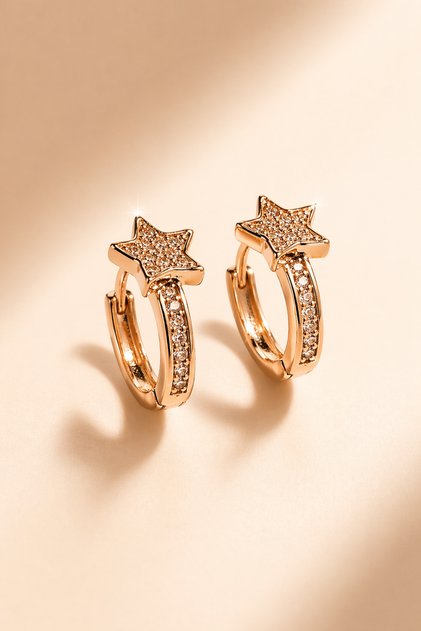 Minimal Yıldız Halka Küpe 10 mm | Rose Gold Zirkon Taşlı Huggie Küpe | Helix & Lobe Uyumlu