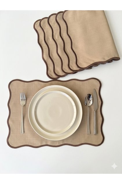 6 Pieces Pera Dalgalı Series Brown Embroidered Cappuccino Color Linen American Service Set, Supla