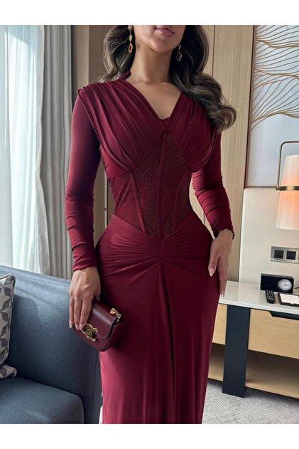REVE Dark Burgundy Long Dress, Tight-Fitting, with a V-Neck and Soft  Pleats.- Trendyol