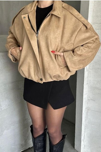 Oversize Apolet Detaylı Bej Süet Kumaş Ceket