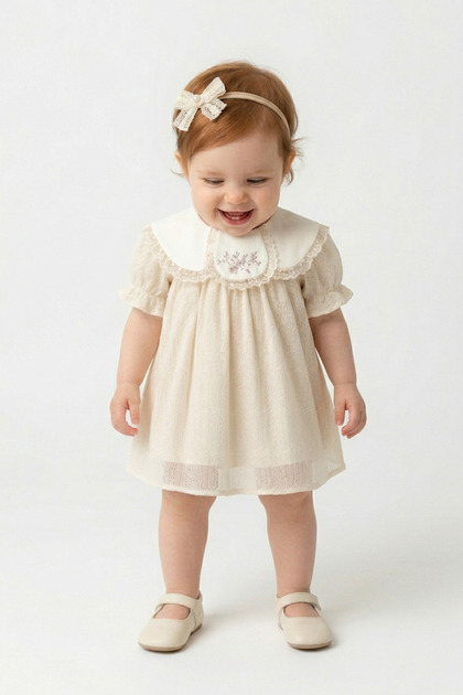 Baby Girl Birthday Party Wedding Lace Floral Embroidered Short Sleeve Tulle Collared Dress