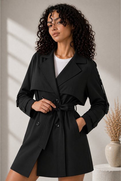 New Season Women's Belt Detailed Buttoned Double Breasted Collar Short Trench Coat