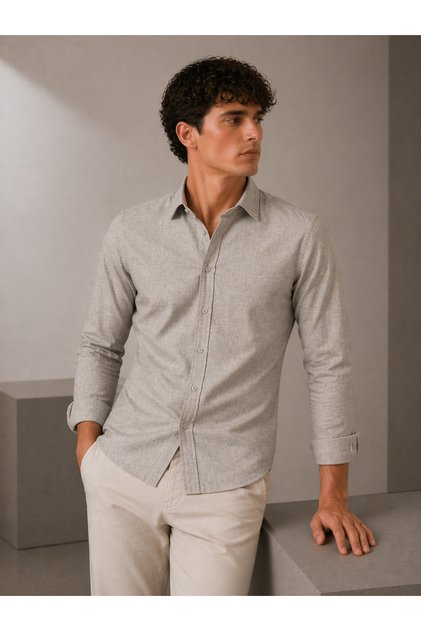 Regular Fit Long Sleeve Breathable Anti-Sweat Linen Textured Stone Men's Shirt