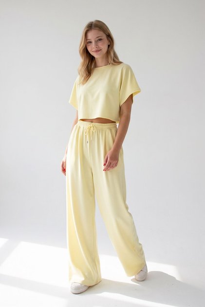Women's Yellow Wide Leg Comfortable Cut Modal Fabric Top and Bottom Set