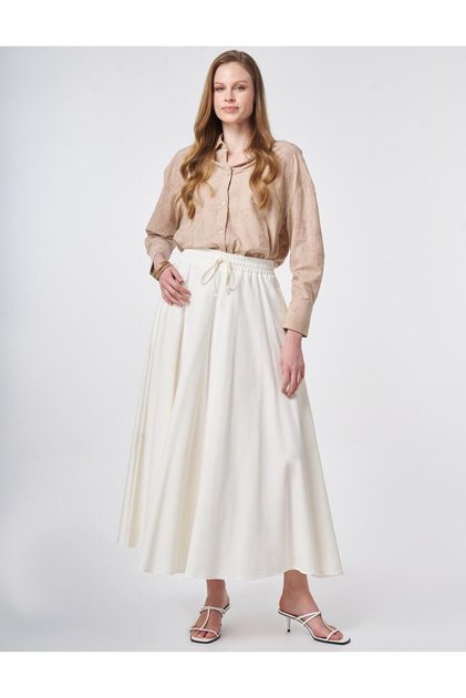 Elastic Lace-Up Flared Skirt Ecru