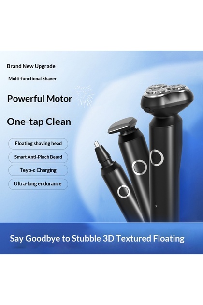 3-in-1 Electric Shaver Set - Waterproof Rotary Razor with Nose & Sideburn Trimmer