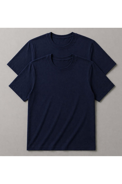 Unisex Erkek/Kadın 2'Li Lacivert Pamuklu Bisiklet Yaka Basic T-Shirt