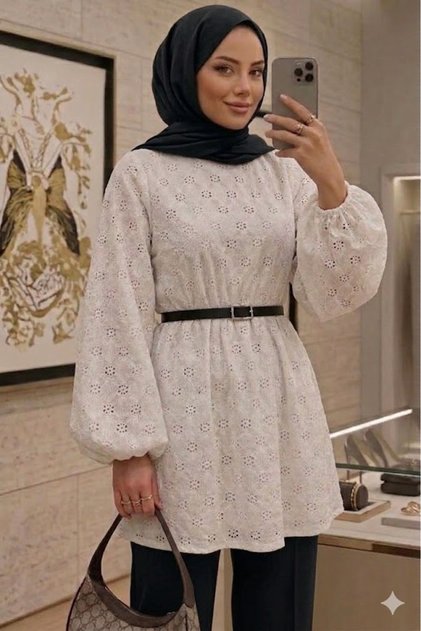 Beyaz Tesettür %100 Pamuklu Tunik Astarlı Kemerli | Desenli Şık Rahat Günlük ve Özel Kombin Uyumlu