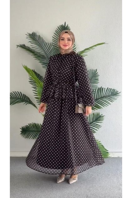 Women's Islamic Clothing Double Set with Polka Dot Skirt, Stylish and Elegant Lined Combination for Daily and Special Occasions