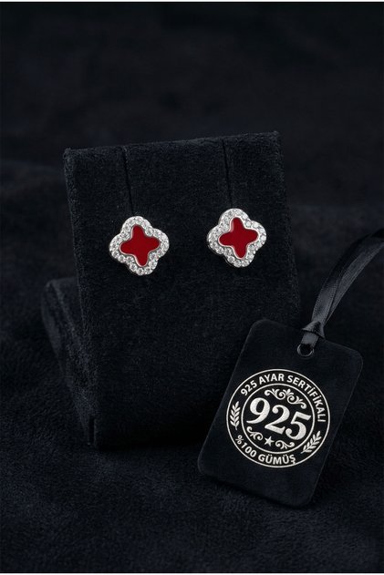 925 Ayar Zirkon Taşlı Kırmızı Mineli Yonca Motifli Gümüş Çivili Küpe