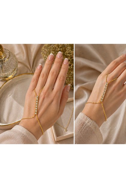Elegant Stone Detailed Shahmaran Bracelet – Women's Hand Chain Silver Color