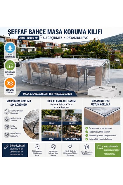Bahçe Masa Koruma Kılıfı Şeffaf – 240x180x80 cm | Su Geçirmez Dayanıklı PVC Masa Örtüsü