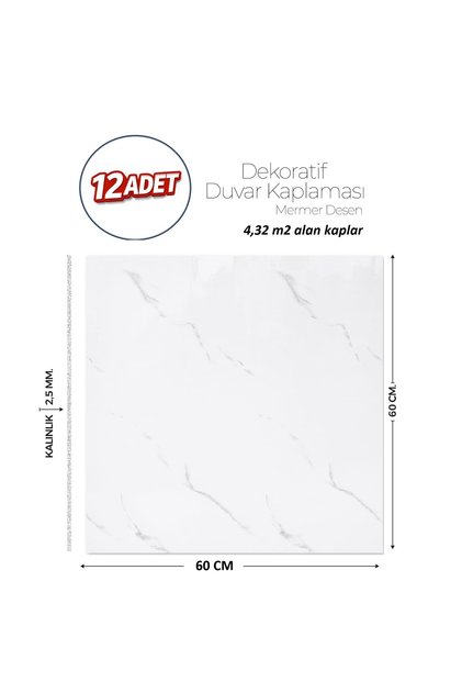 60X60 cm Kendinden Yapışkanlı Duvar,banyo,tezgah Arası Beyaz Mermer-12 Adet