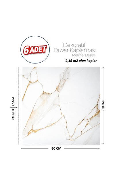 60X60 cm Kendinden Yapışkanlı Duvar,banyo,tezgah Arası Beyaz-Gold Mermer-6 Adet