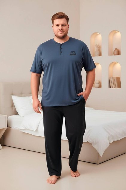 100% Cotton Large Size Men's Pajama Set with Collar and Placket Details