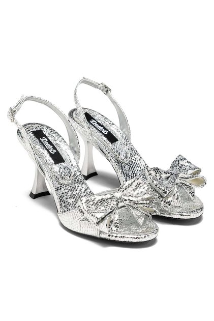 Women's Short Heeled Round Toe Open Snake Pattern Bow Evening Dress Shoes 17115